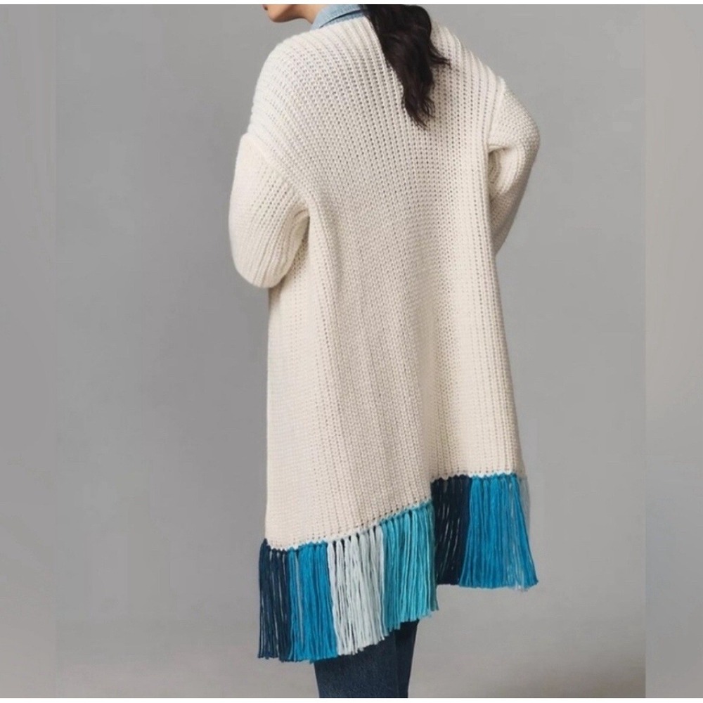 ANTHROPOLOGIE Long Cardigan‎ Sweater Cream w Blue Ombre Fringe Size OS Boho - Picture 3 of 16